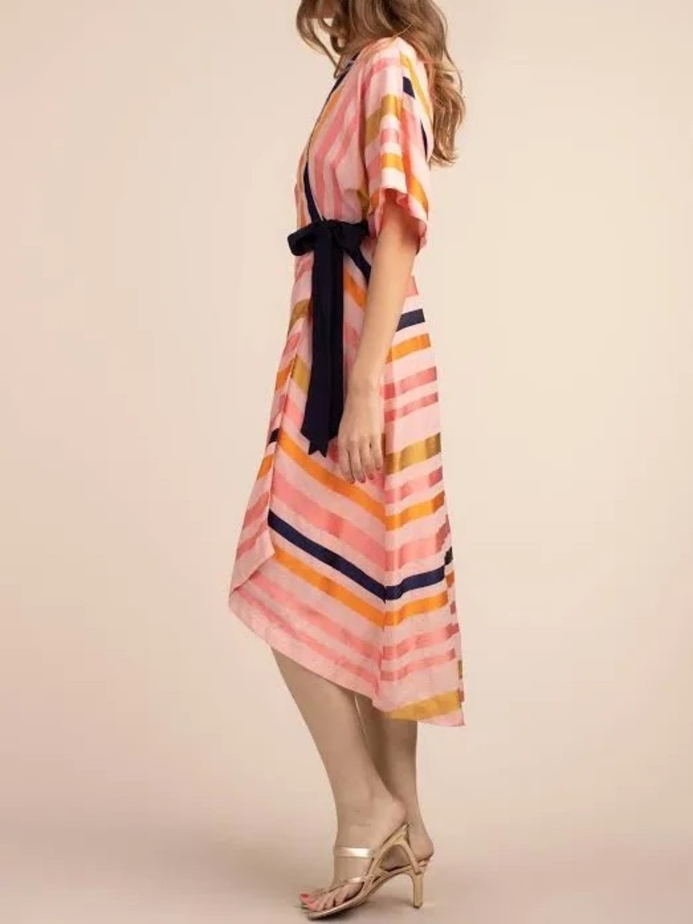 Trina Turk Endless Striped Wrap Midi Dress Pink Navy Size 2 - Picture 2 of 10